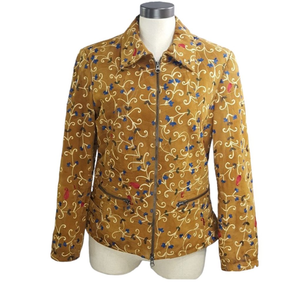 Leather Jacket Women sz M Embroidered Paisley floral